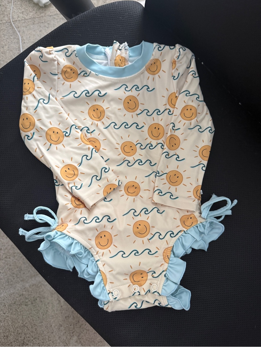 Caden Lane Cream & Light Blue Baby Long Sleeve Swimsuit
